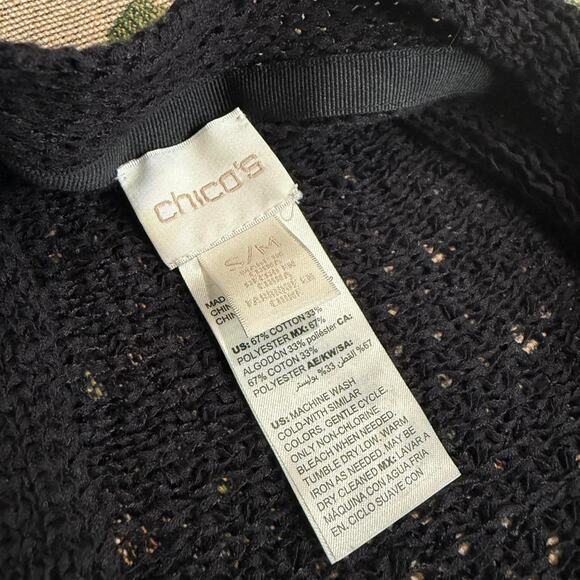 Chico's Black Open Knit Crochet Open Front Cascading Cardigan w Cropped Back - Picture 8 of 8